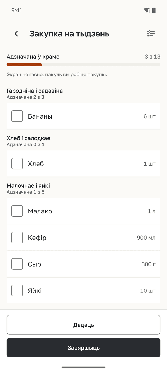 Рэжым крамы для закупкі на тыдзень: пакупкі па аддзелах, адзначана 3 з 13.