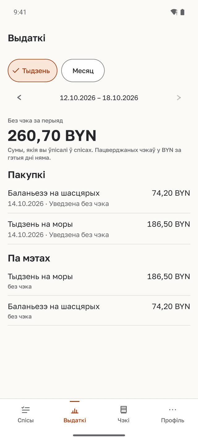 Экран выдаткаў: сума за тыдзень без чэка і раздзел па мэтах з тыднем на моры і баланьезэ на шасцярых.