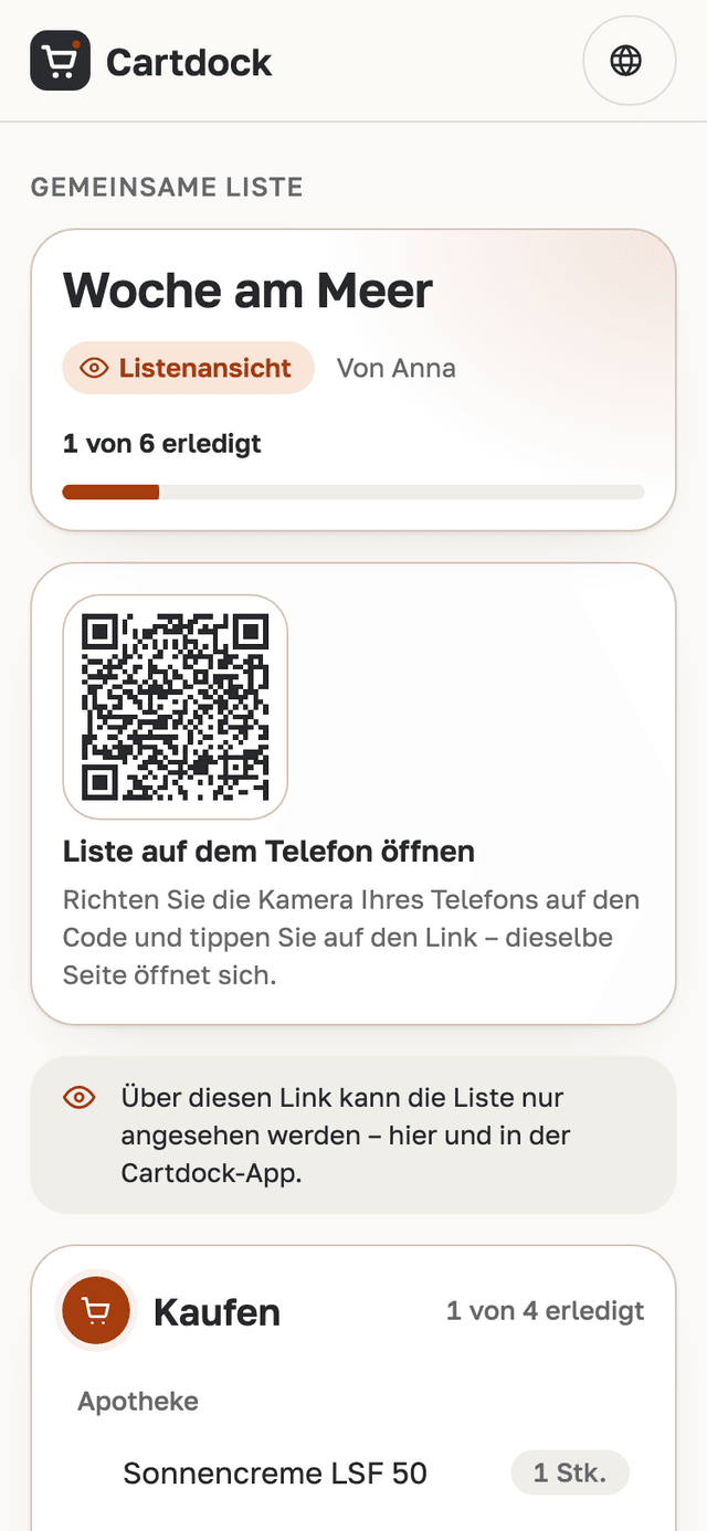 Die Listenseite im Browser: die Liste für die Woche am Meer, der Hinweis, dass sie nur angesehen werden kann, und die Einträge nach Bereichen.