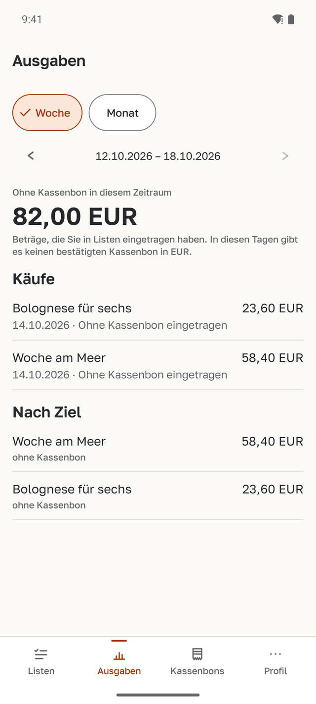 Der Ausgaben-Bildschirm: die Wochensumme ohne Kassenbon und der Bereich nach Zielen mit der Woche am Meer und Bolognese für sechs.