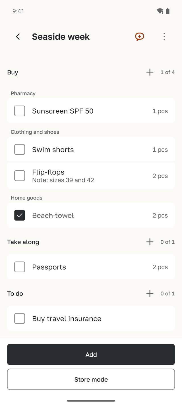 The Seaside week list with the sections Buy, Take along and To do; one purchase is ticked off.