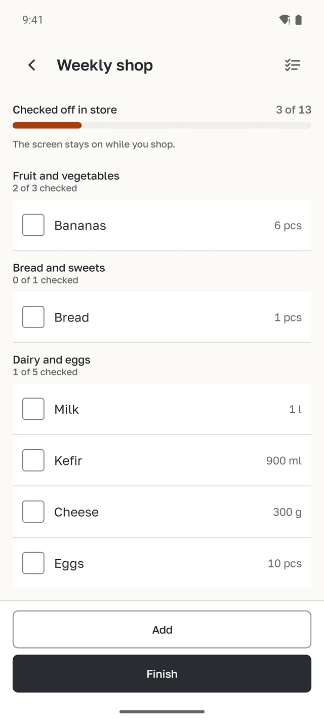 Store mode for the Weekly shop list: items by aisle, 3 of 13 ticked off.