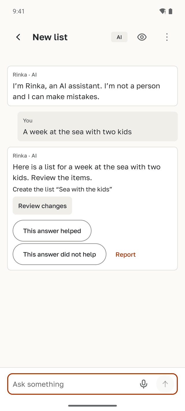 Chat with Rinka: the first message reads “I’m Rinka, an AI assistant”, and to “A week at the sea with two kids” Rinka offers to create the list “Sea with the kids”, with a Review changes button.