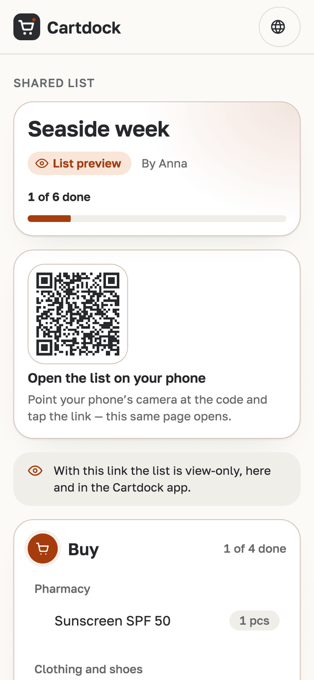 The list page in a browser: the Seaside week list, a note that it can only be viewed, and items by section.