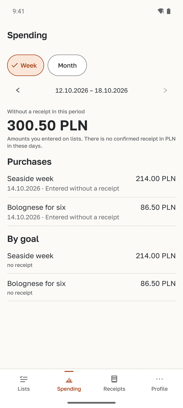 The Spending screen: the week’s total without a receipt and the By goal section with Seaside week and Bolognese for six.