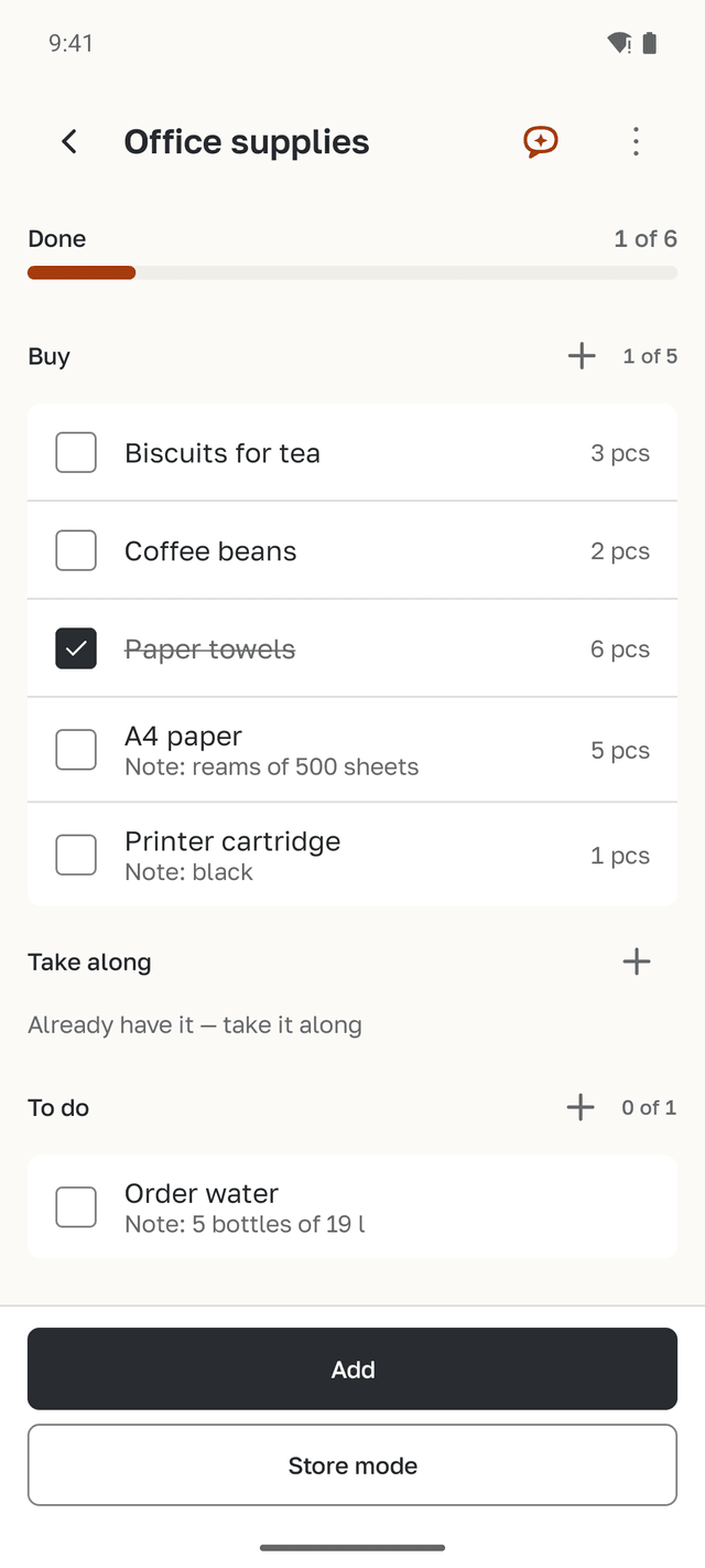 The Office supplies list: coffee, paper and a printer cartridge to buy, and Order water to do; paper towels are ticked off.