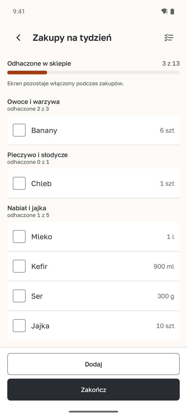 Tryb sklepu dla listy „Zakupy na tydzień”: zakupy według działów, odhaczone 3 z 13.