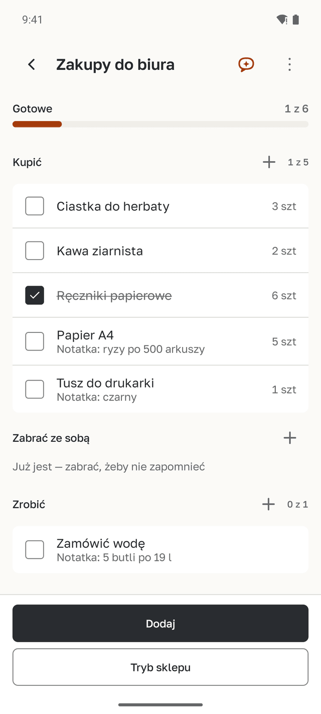 Lista „Zakupy do biura”: kawa, papier i tusz do drukarki do kupienia oraz „Zamówić wodę” do zrobienia; ręczniki papierowe odhaczone.